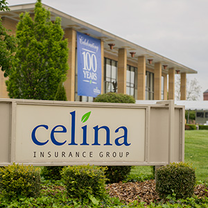 Celina Insurance Group 100 year banner on Celina headquarters.