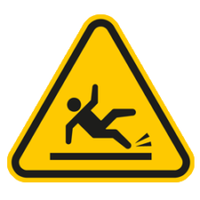 Yellow caution sign portraying a black stick figure falling on a wet floor.