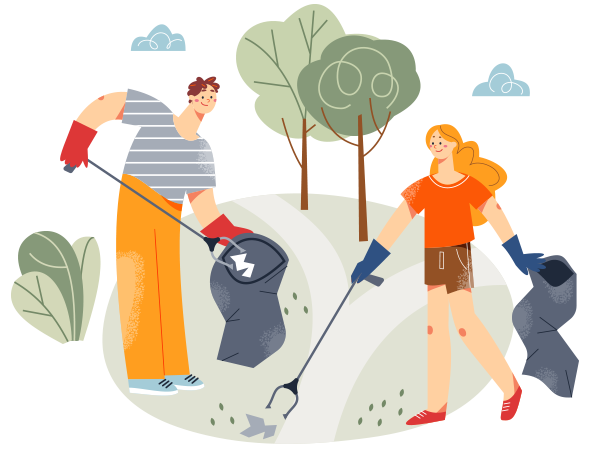 Illustration of two young people cleaning up a park.