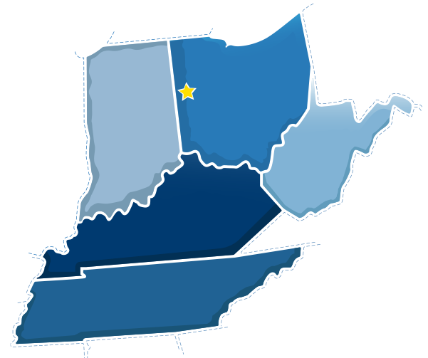 A map of Ohio, Indiana, Kentucky, West Virginia and Tennessee.