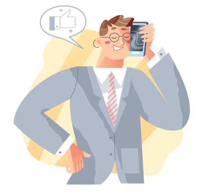 Illustration of young businessman in a grey suit on a smartphone.