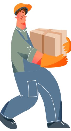 A confused factory worker in overalls carries a cardboard box.