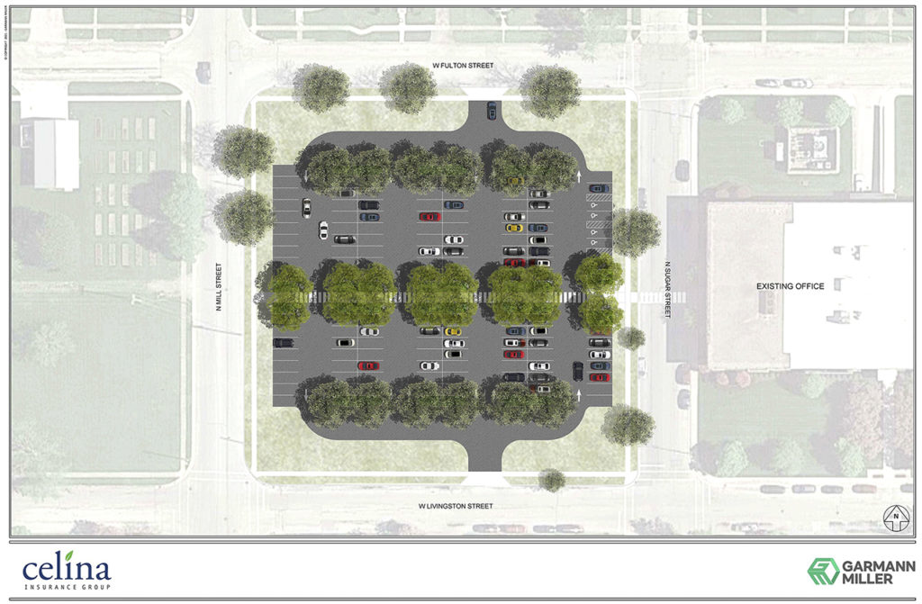Pictured is a computer generated rendering of the new Celina Insurance Group parking lot, depicting fully matured trees that provide shaded areas. 