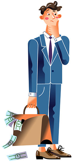 Illustration of a confused businessman with money falling out of his briefcase.