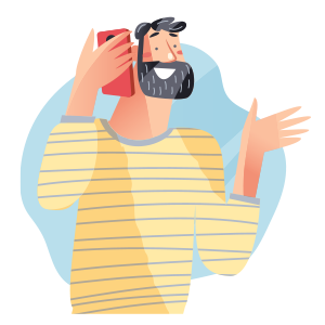 A bearded man in a striped shirt uses a smartphone.