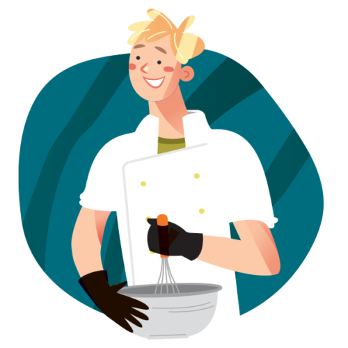Illustration of a young chef with a mixing bowl.