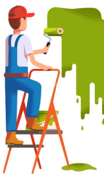 Illustration of a contractor painting a wall green, with paint drips on the floor.