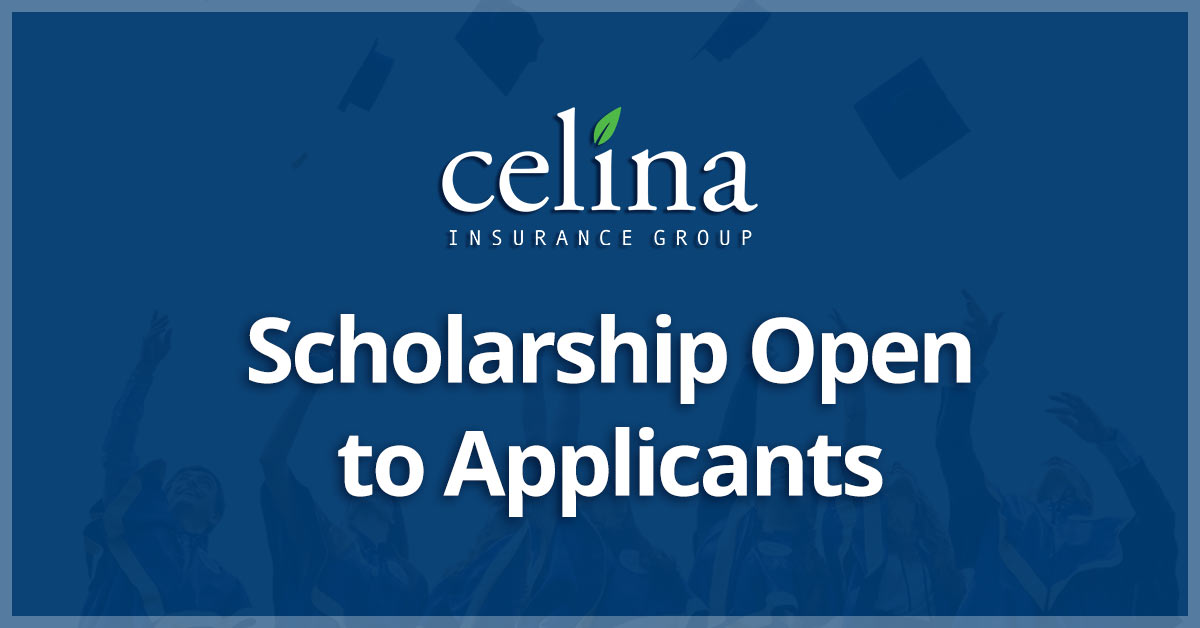 The Celina Insurance Group logo appears at the top of the image, followed by text, "Scholarship Open to Applicants." The image has a background of students throwing their graduation caps in the air, overlayed with blue.