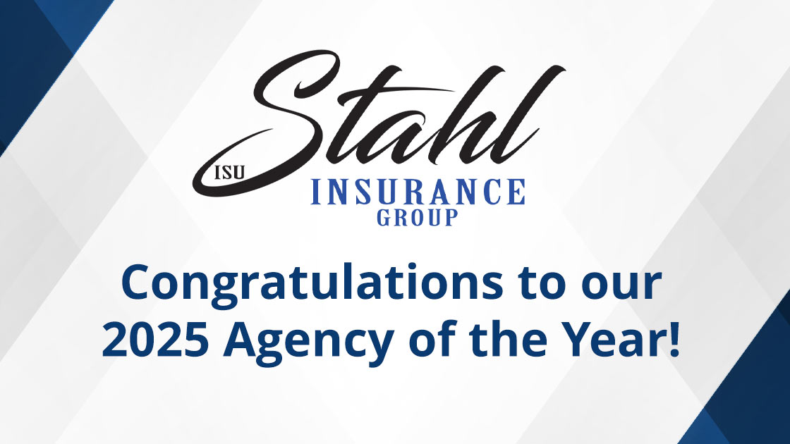 A blue and white geometric graphic with text that reads: Stahl Insurance Group - Congratulations to our 2025 Agency of the Year!