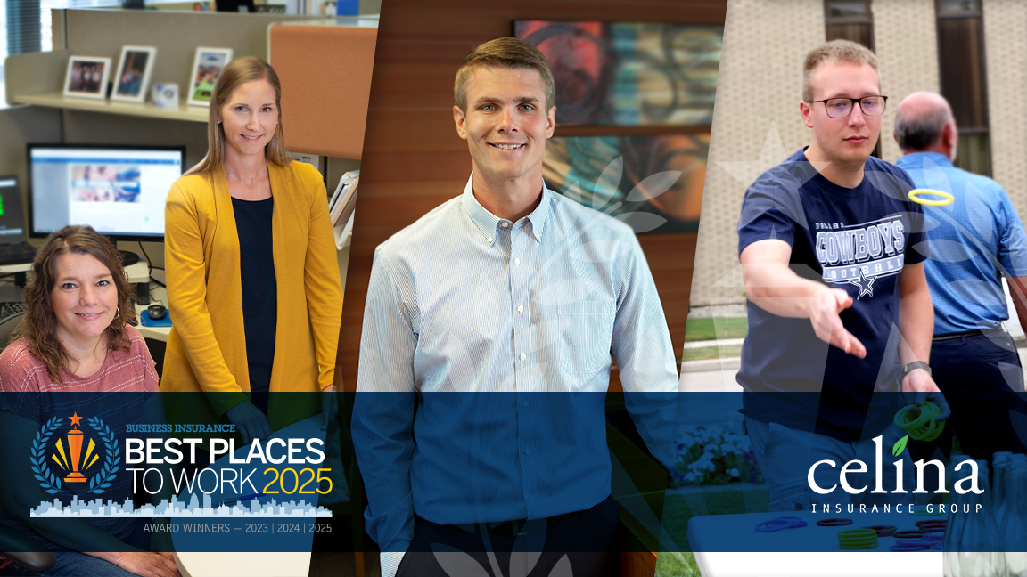 Logos reading "Best Places to Work 2025" and "Celina Insurance Group" appear over a background that's a photo collage of workers at Celina Insurance Group. The photos include two women smiling at a desk, a man standing and smiling at the camera, and another man play games at a company carnival.