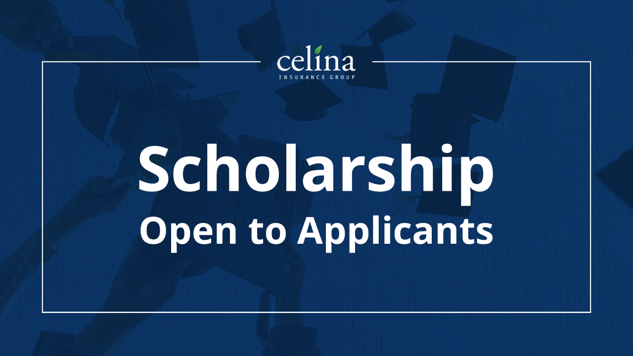 White text in front of a blue-tinted background of high school graduation caps being tossed in the air. The text reads: Scholarship Open to Applicants.